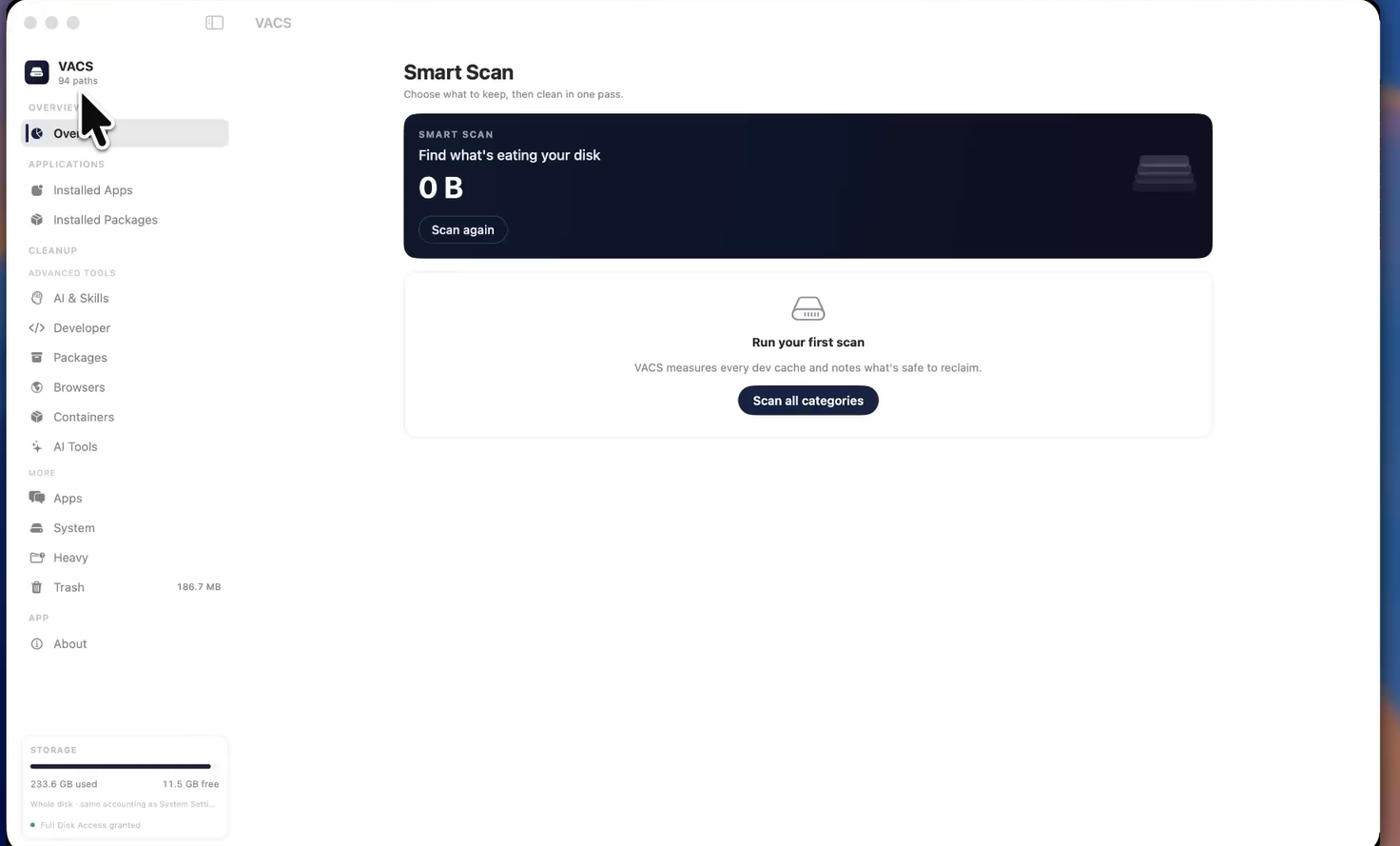 The VACS Overview screen: a sidebar of categories down the left, the Smart Scan panel on the right.