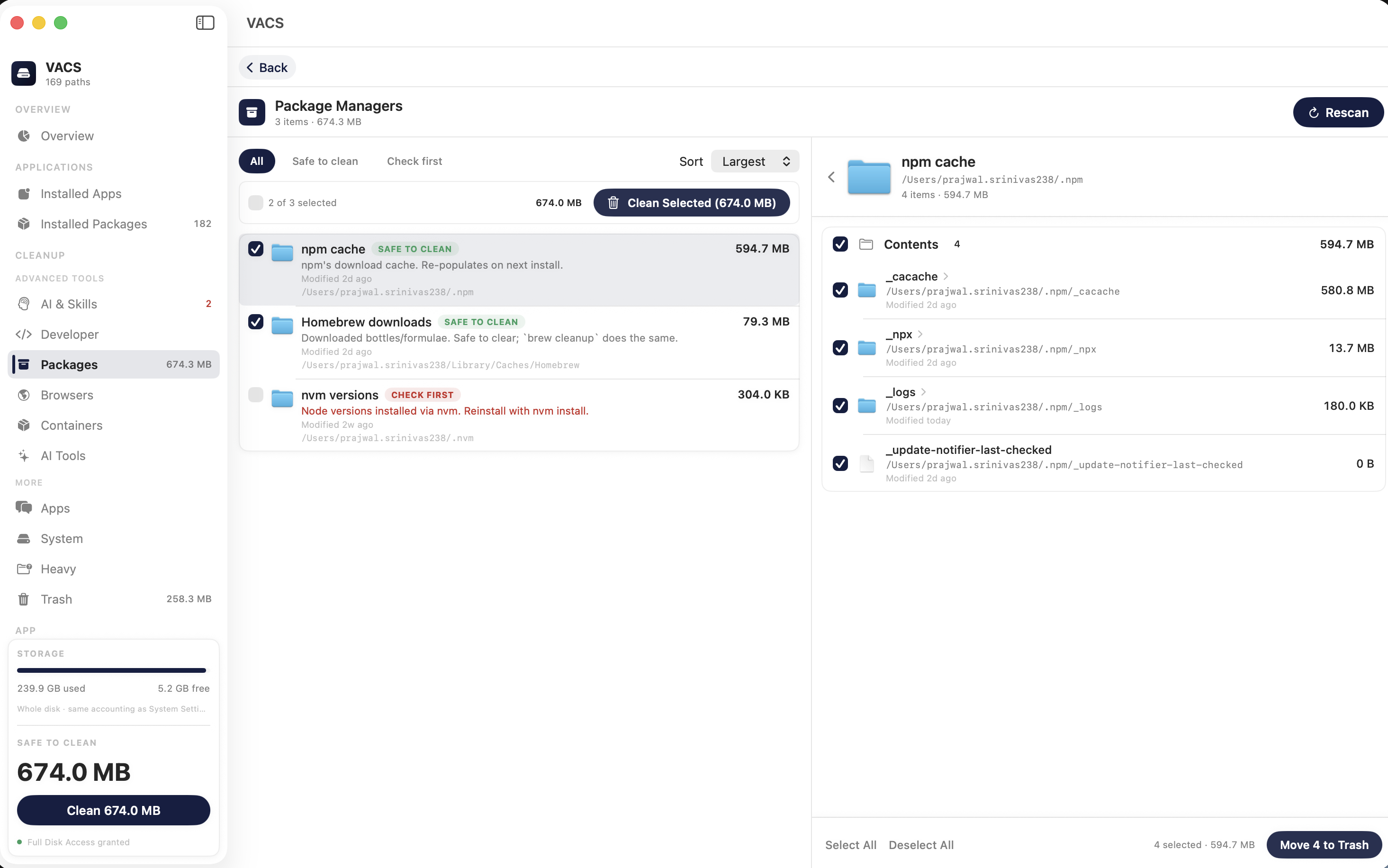 Package Managers detail view: Homebrew downloads, pip cache, uv cache and npm cache each labelled SAFE TO CLEAN with a plain-English note, and nvm versions labelled CHECK FIRST.