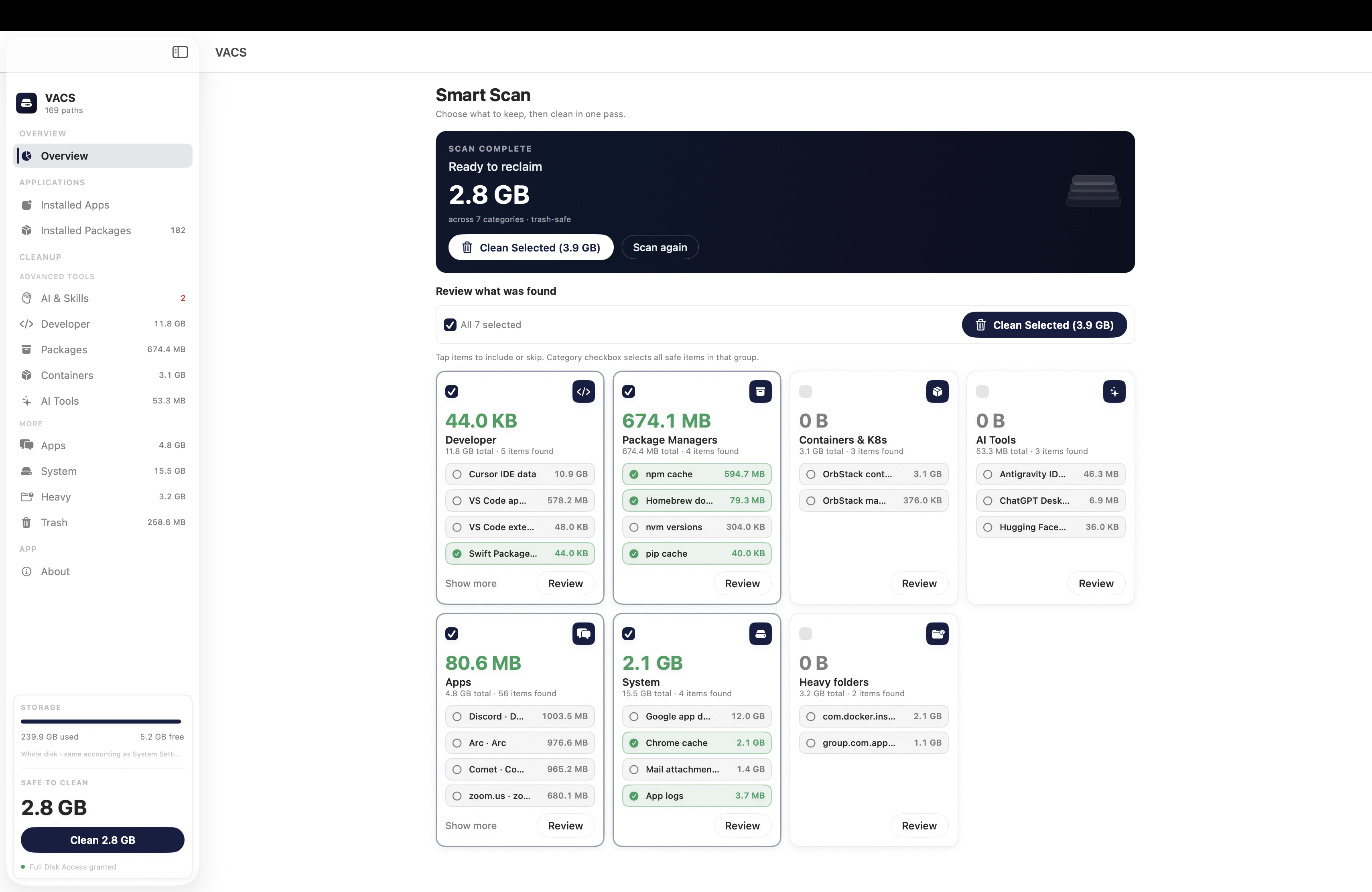 VACS after a scan: 2.0 GB ready to reclaim, with per-category review cards for Developer, Package Managers, Containers, AI Tools and more.